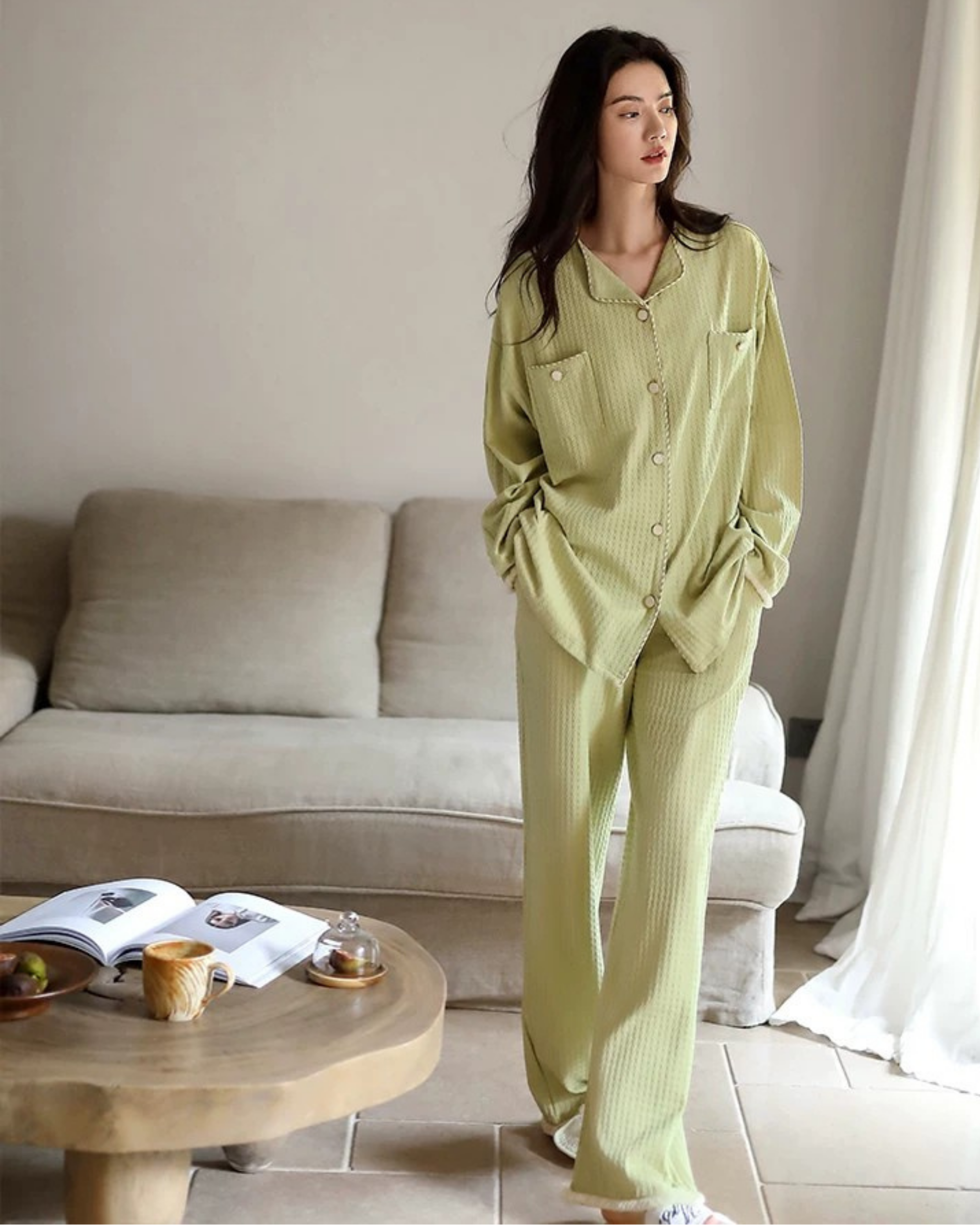 Yeşil Dokulu Pamuklu Pijama Takımı