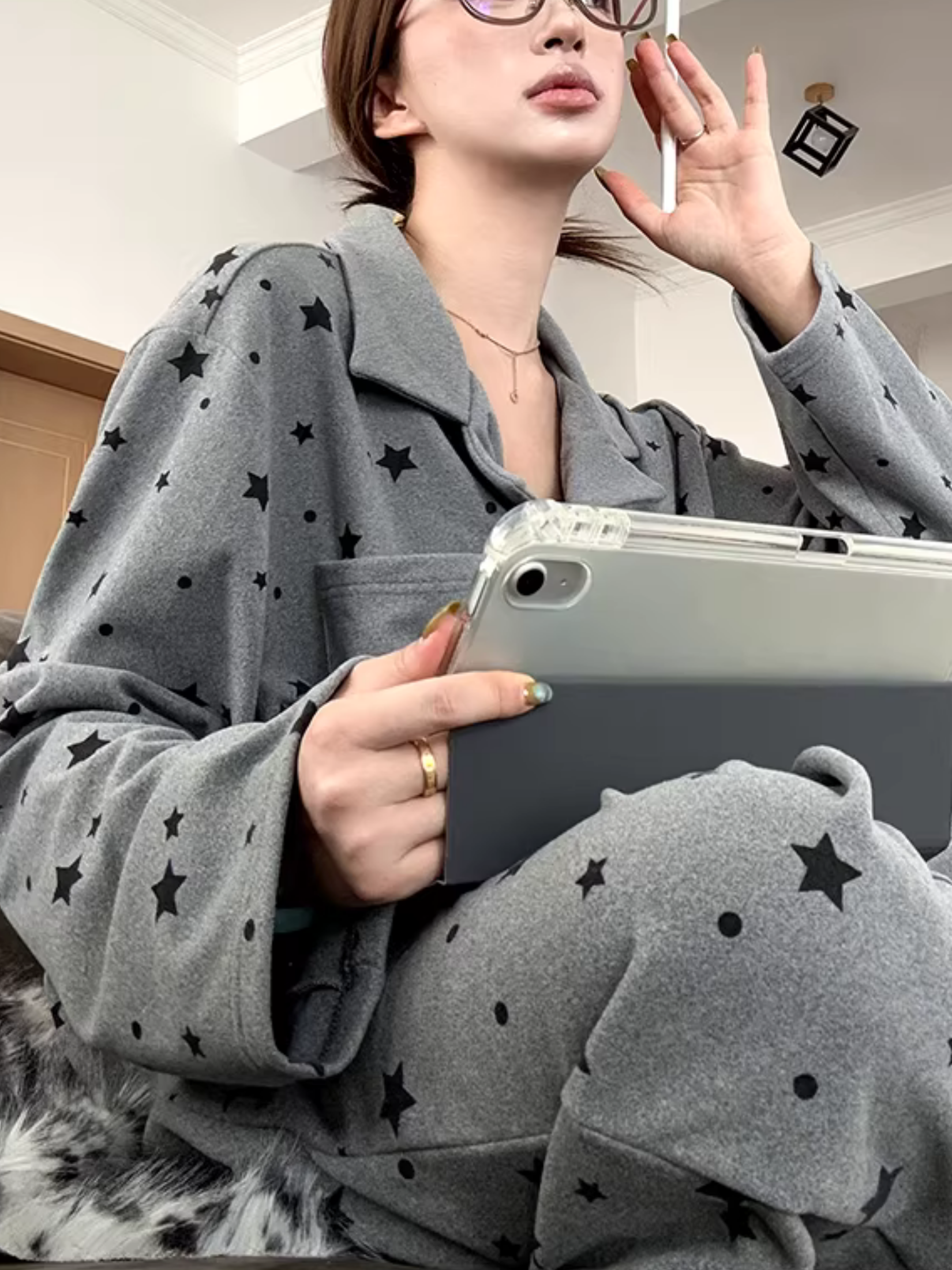 Puantiyeli Yaka Detaylı Pijama Takımı