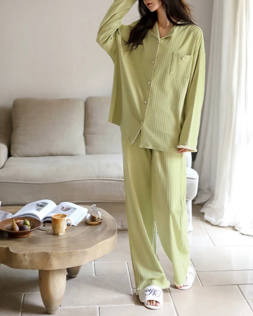 Yeşil Dokulu Pamuklu Pijama Takımı