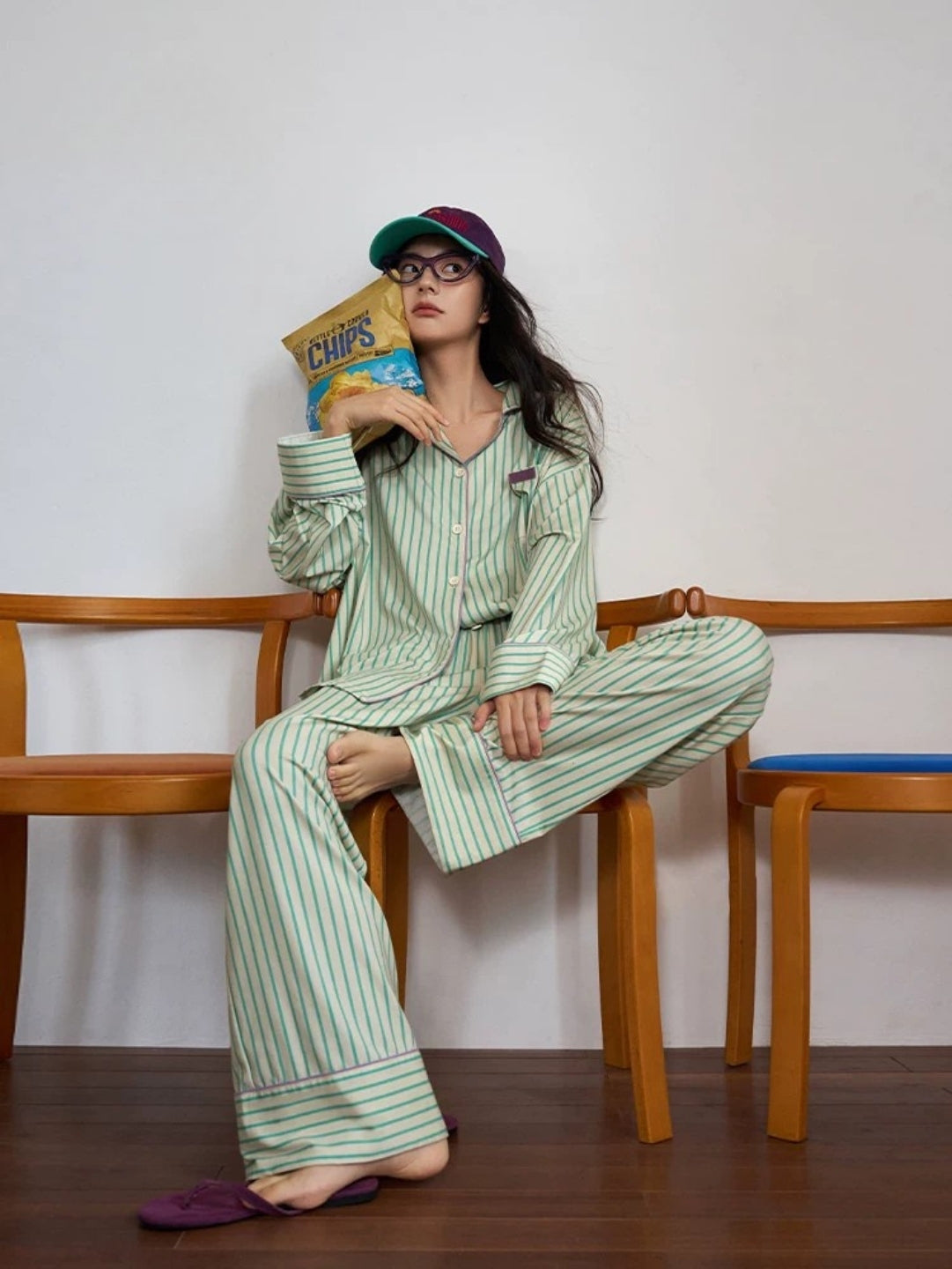 Yeşil Minimal Çizgili Pamuklu Pijama Takımı