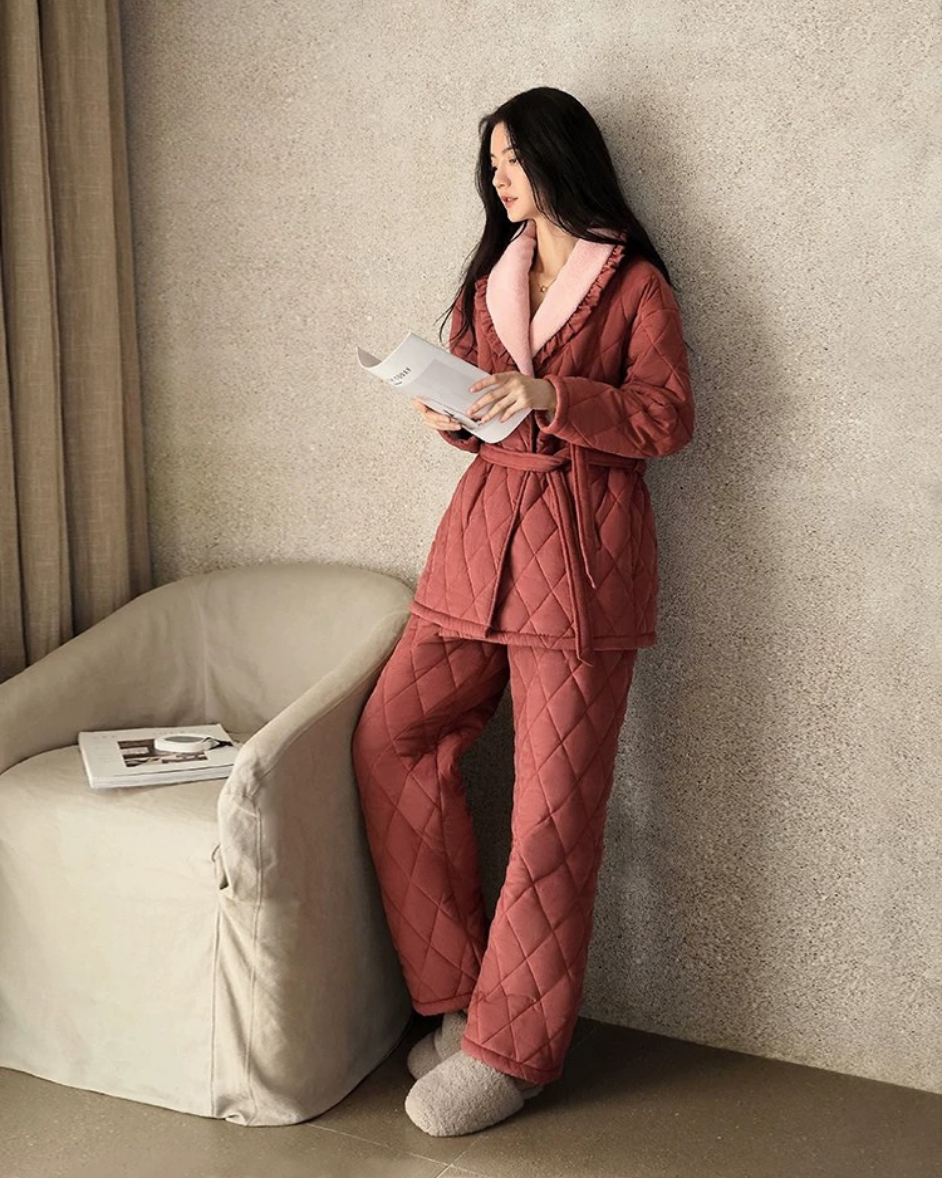 Flanel Üç Katmanlı Pamuk Dolgulu Kışlık Pijama Takımı