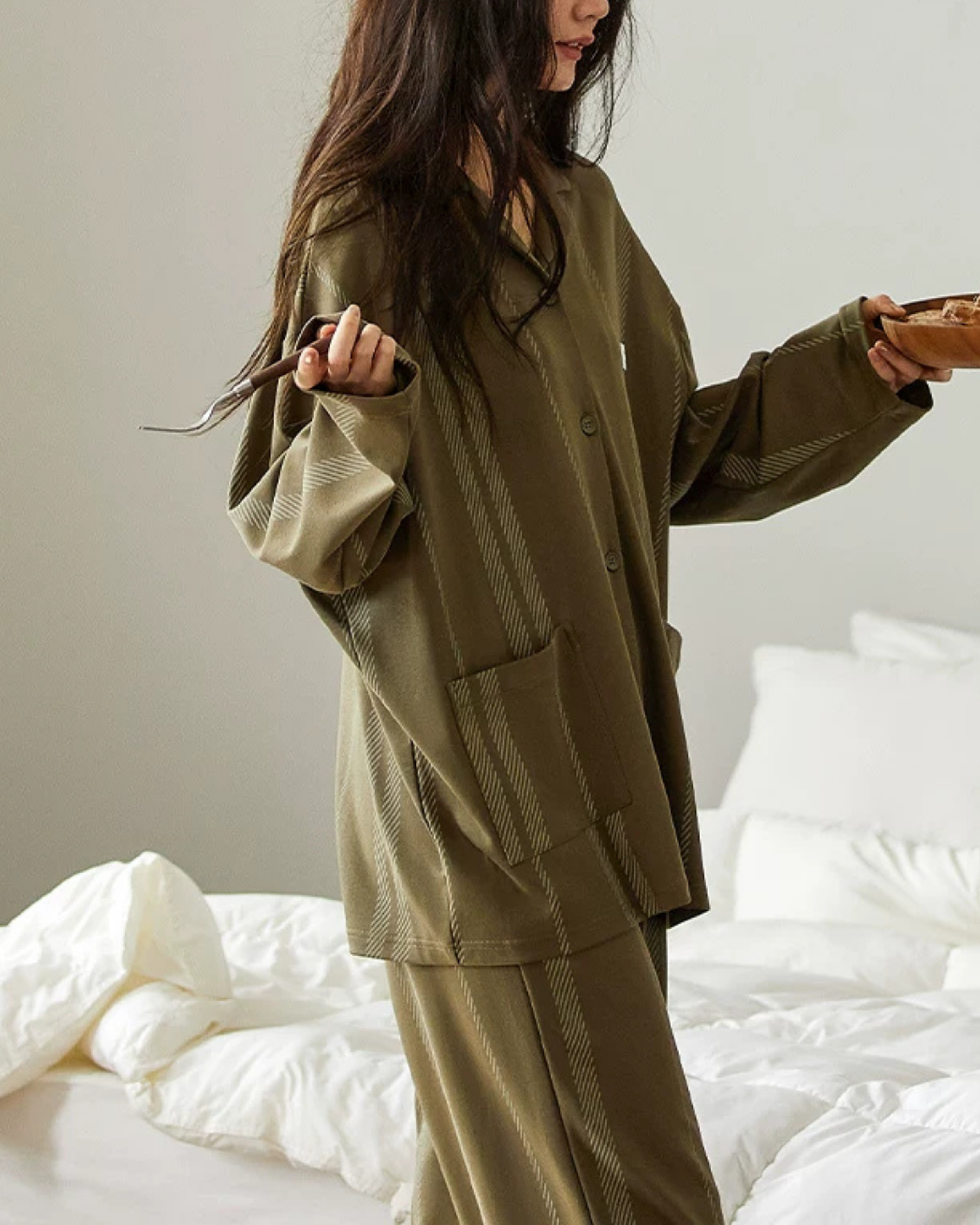 Yeşil Çizgili Dokulu Pamuklu Pijama Takımı