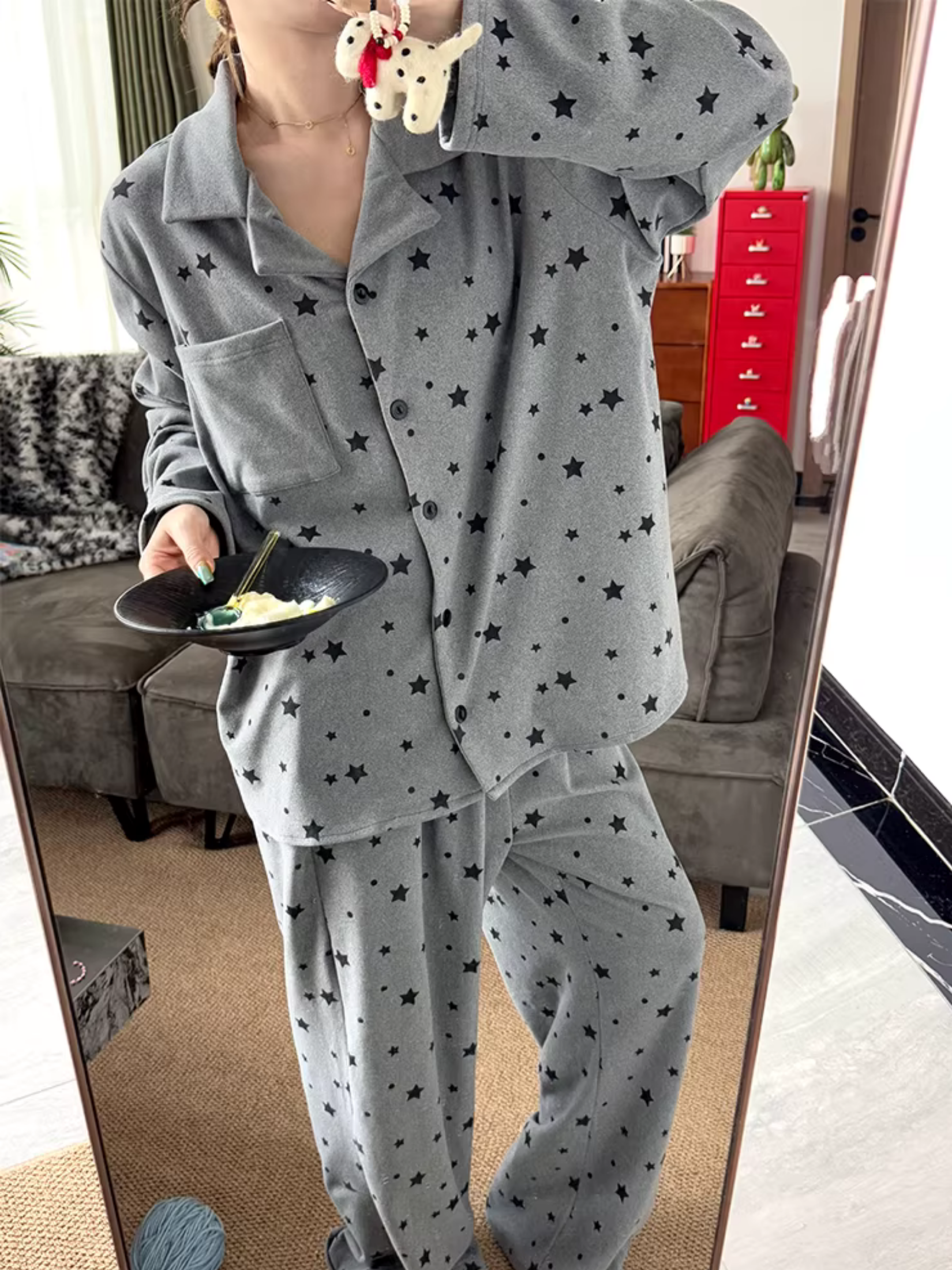 Puantiyeli Yaka Detaylı Pijama Takımı
