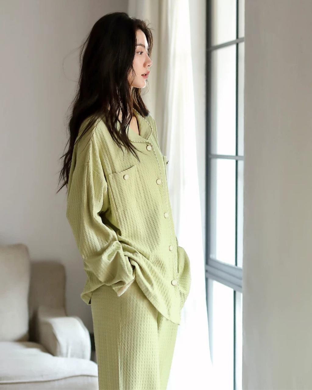 Yeşil Dokulu Pamuklu Pijama Takımı