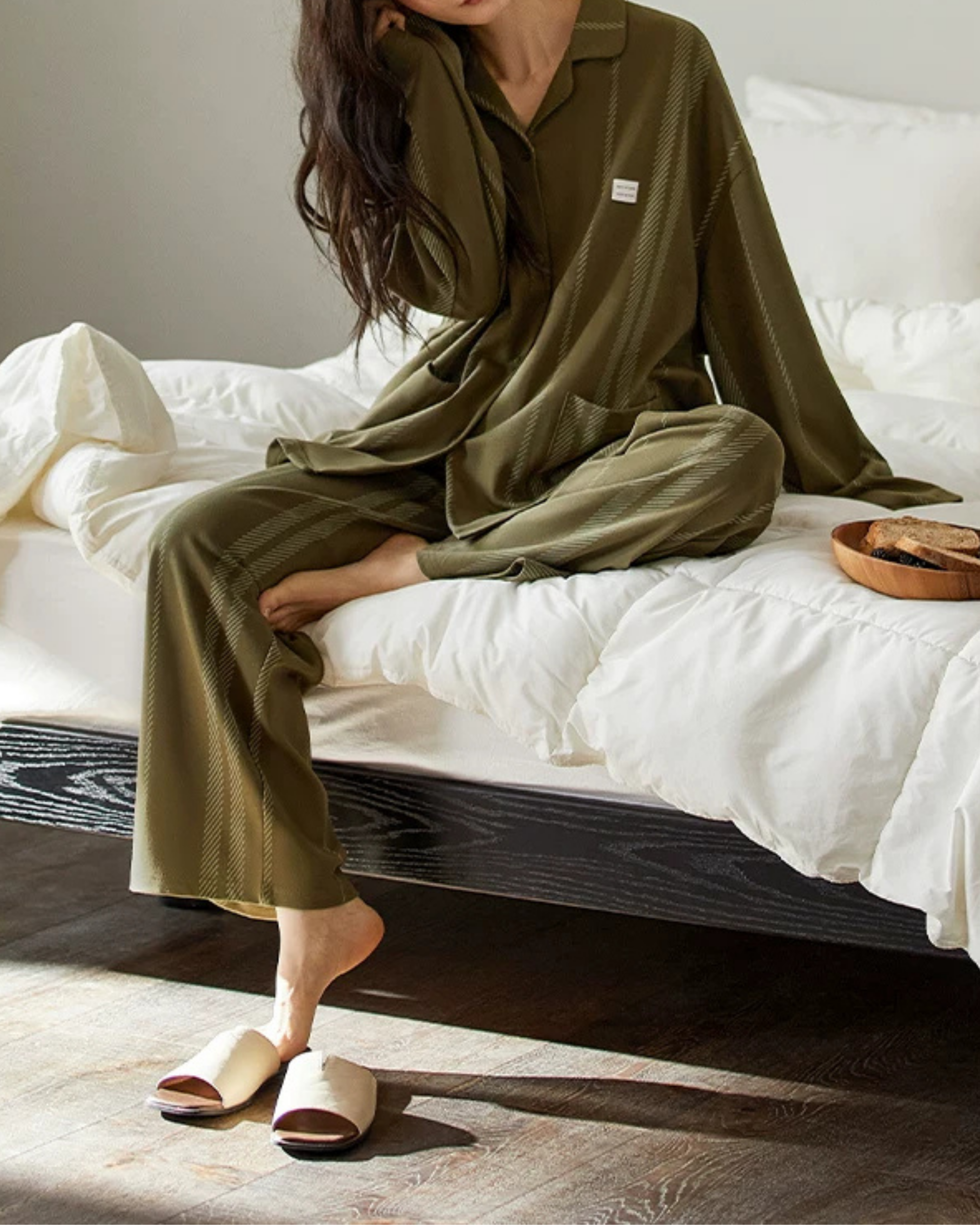 Yeşil Çizgili Dokulu Pamuklu Pijama Takımı