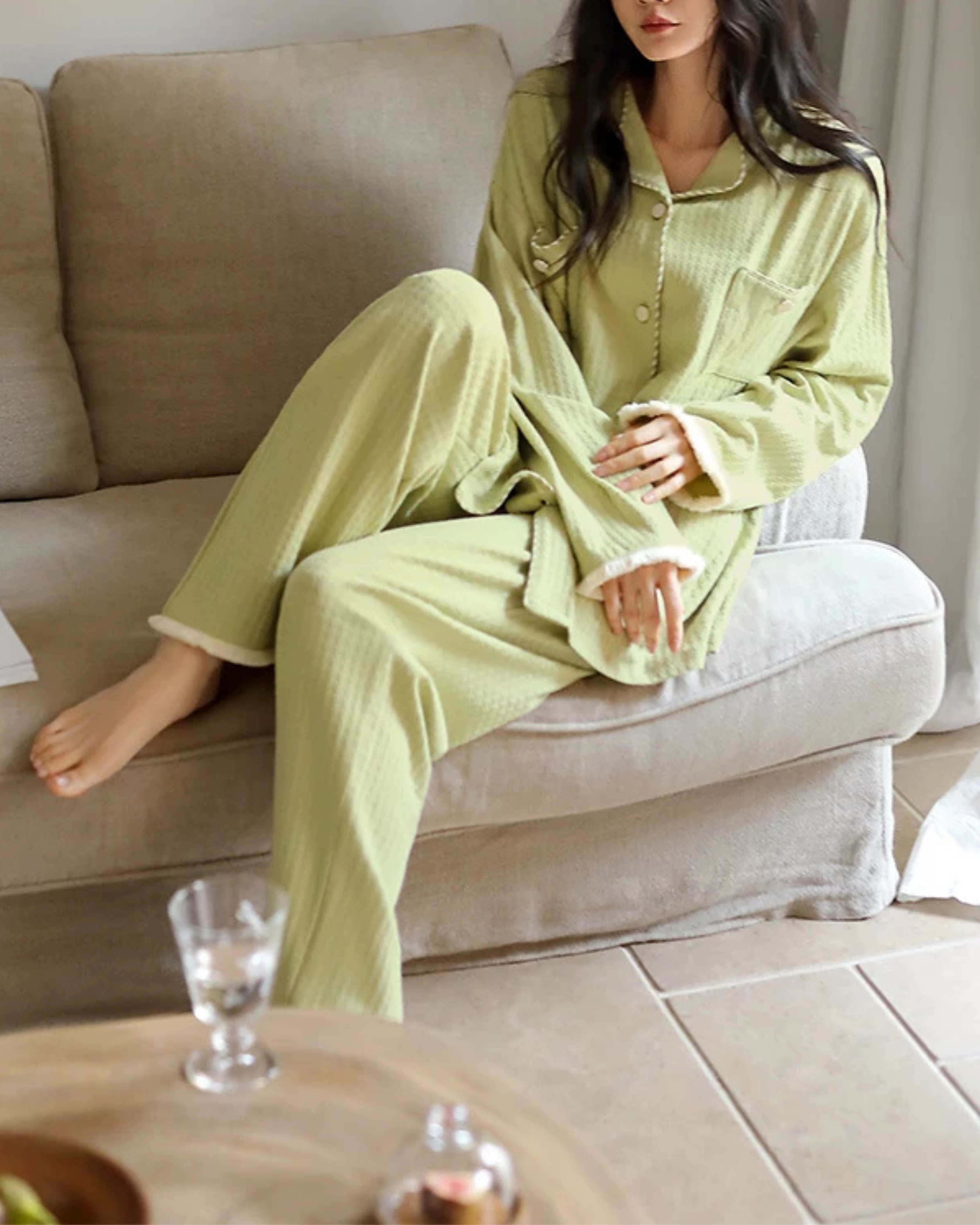 Yeşil Dokulu Pamuklu Pijama Takımı