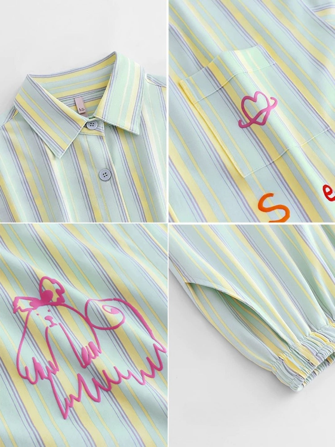 Yeşil Sarı Çizgili Figür Baskılı Pamuklu Pijama Takımı