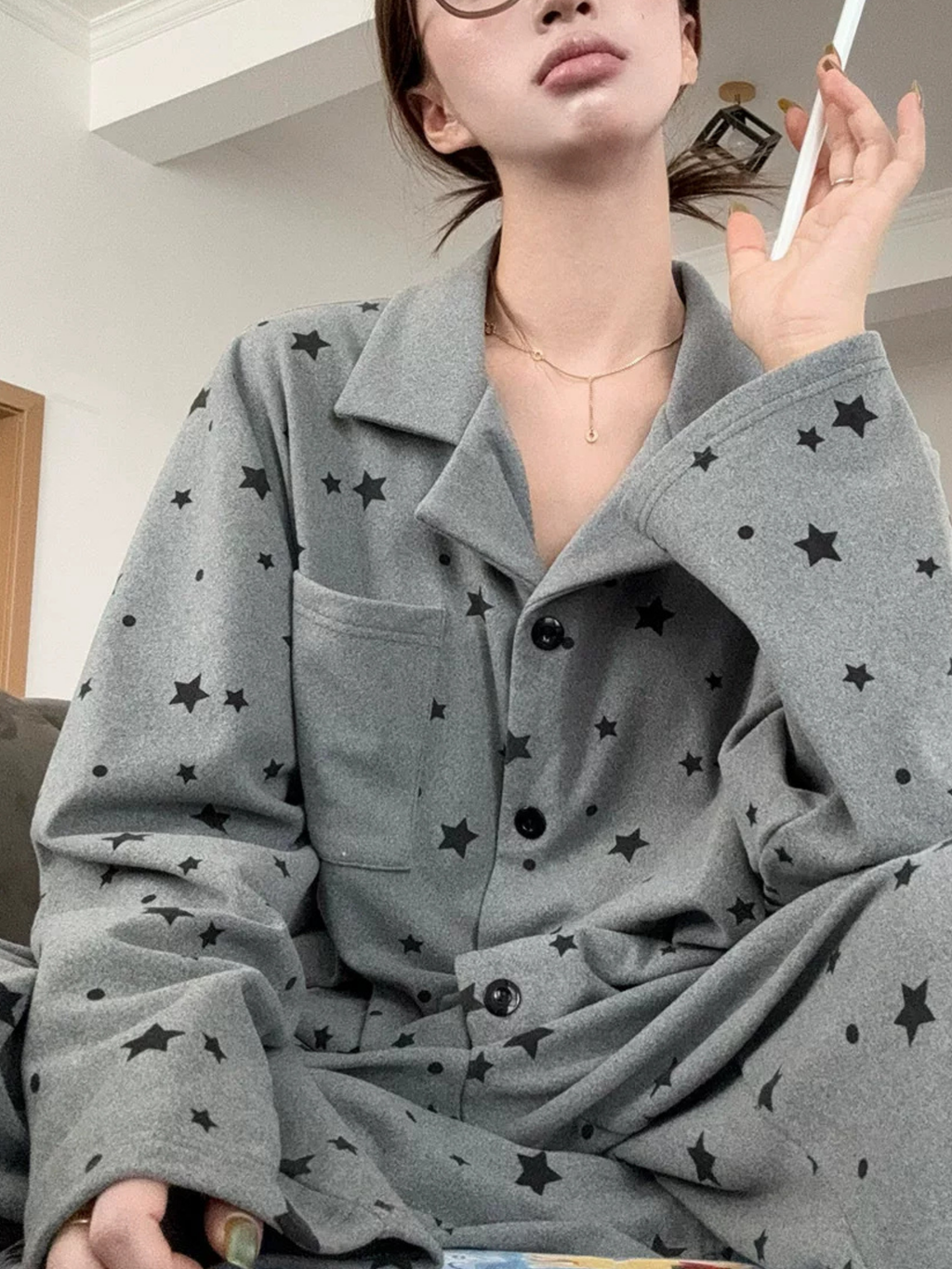 Puantiyeli Yaka Detaylı Pijama Takımı