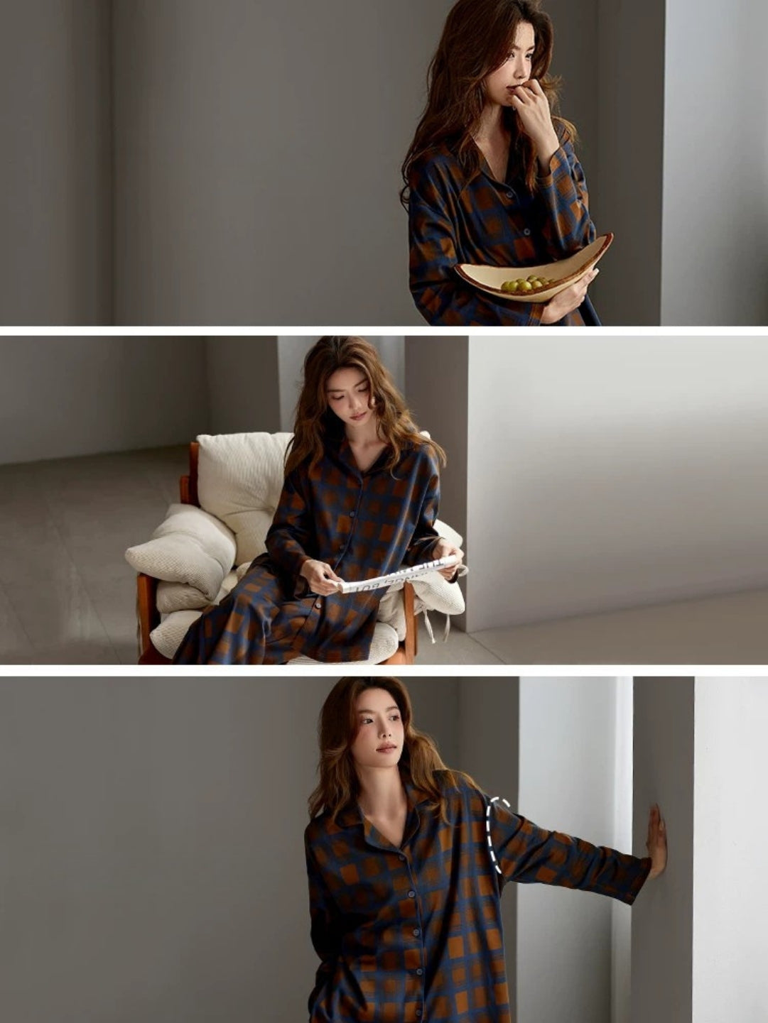 Mavi Kahverengi Kareli Pamuklu Pijama Takımı