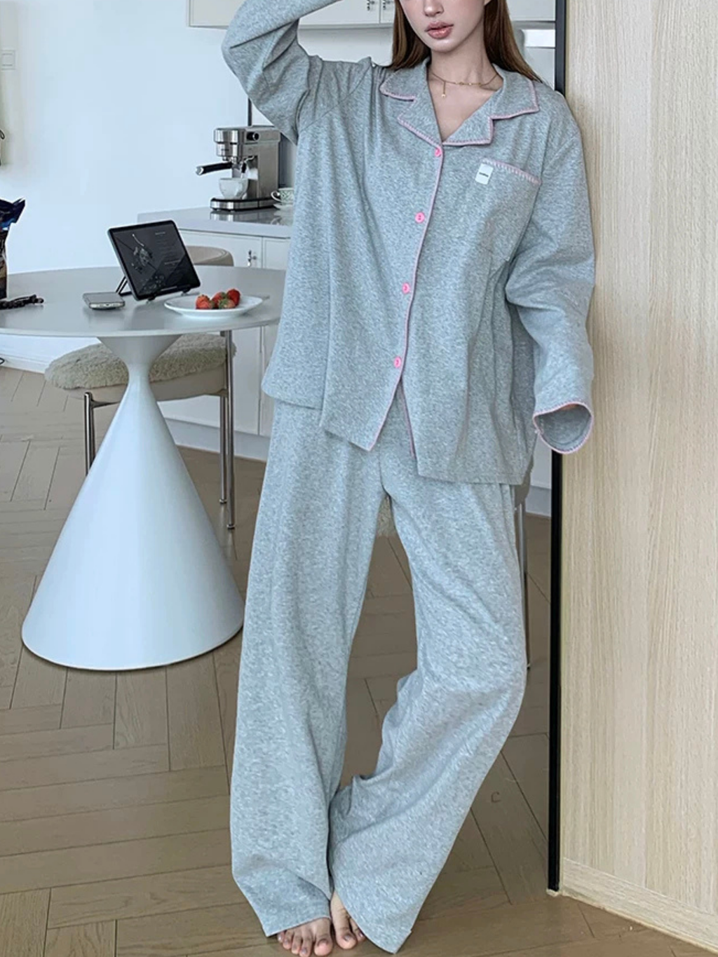 Pamuklu Gri Renk Bloklu Pijama Takımı