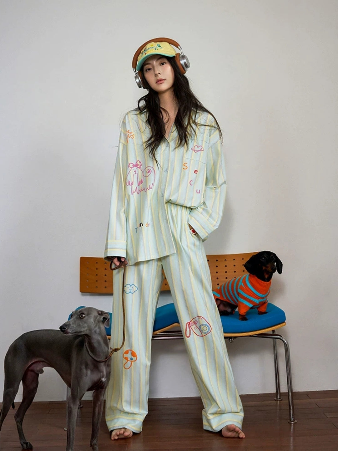 Yeşil Sarı Çizgili Figür Baskılı Pamuklu Pijama Takımı