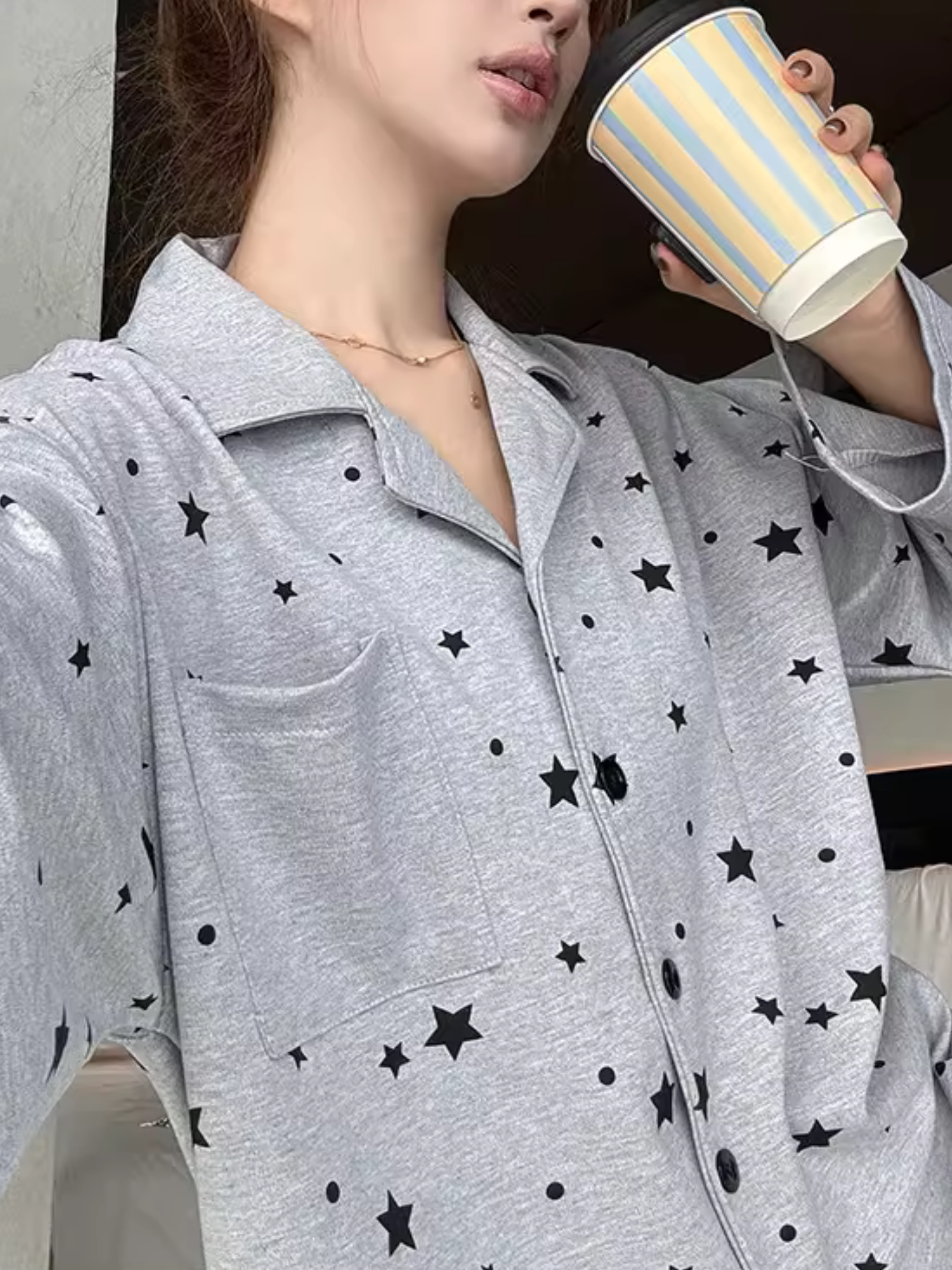 Puantiyeli Yaka Detaylı Pijama Takımı