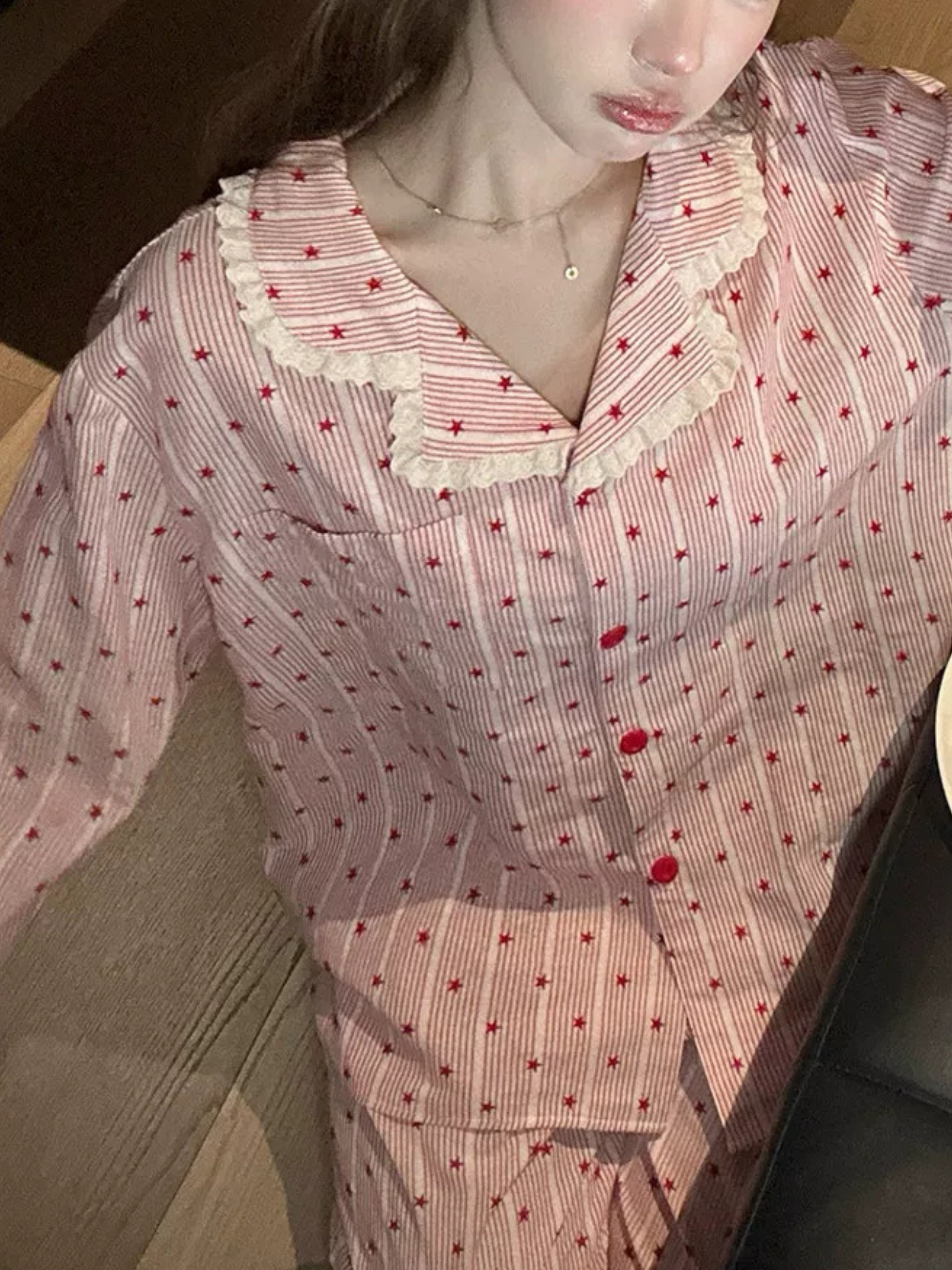 Tatlı Yıldız Desenli Çizgili Kadın Pijama Takımı