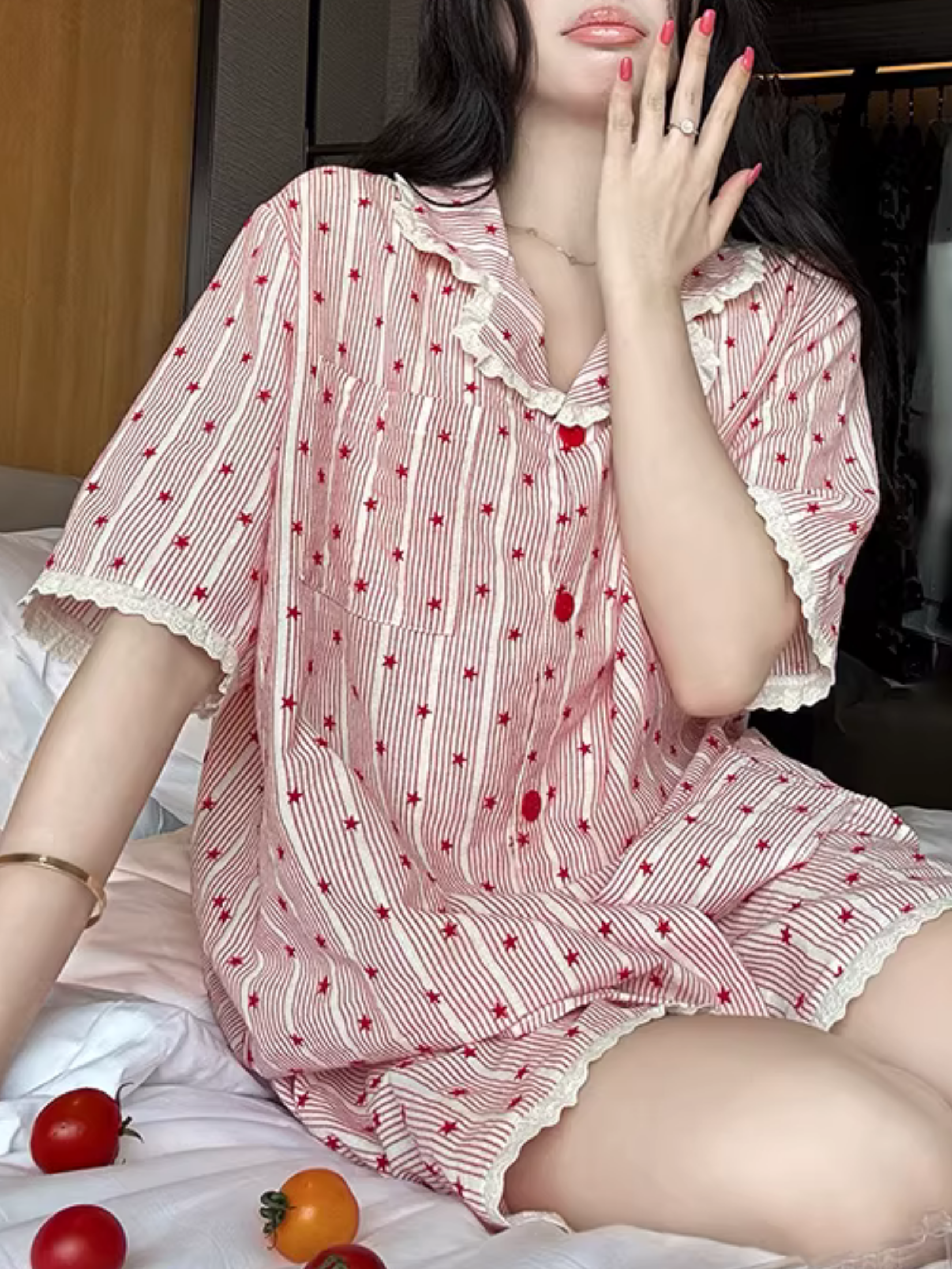 Tatlı Yıldız Desenli Çizgili Kadın Pijama Takımı
