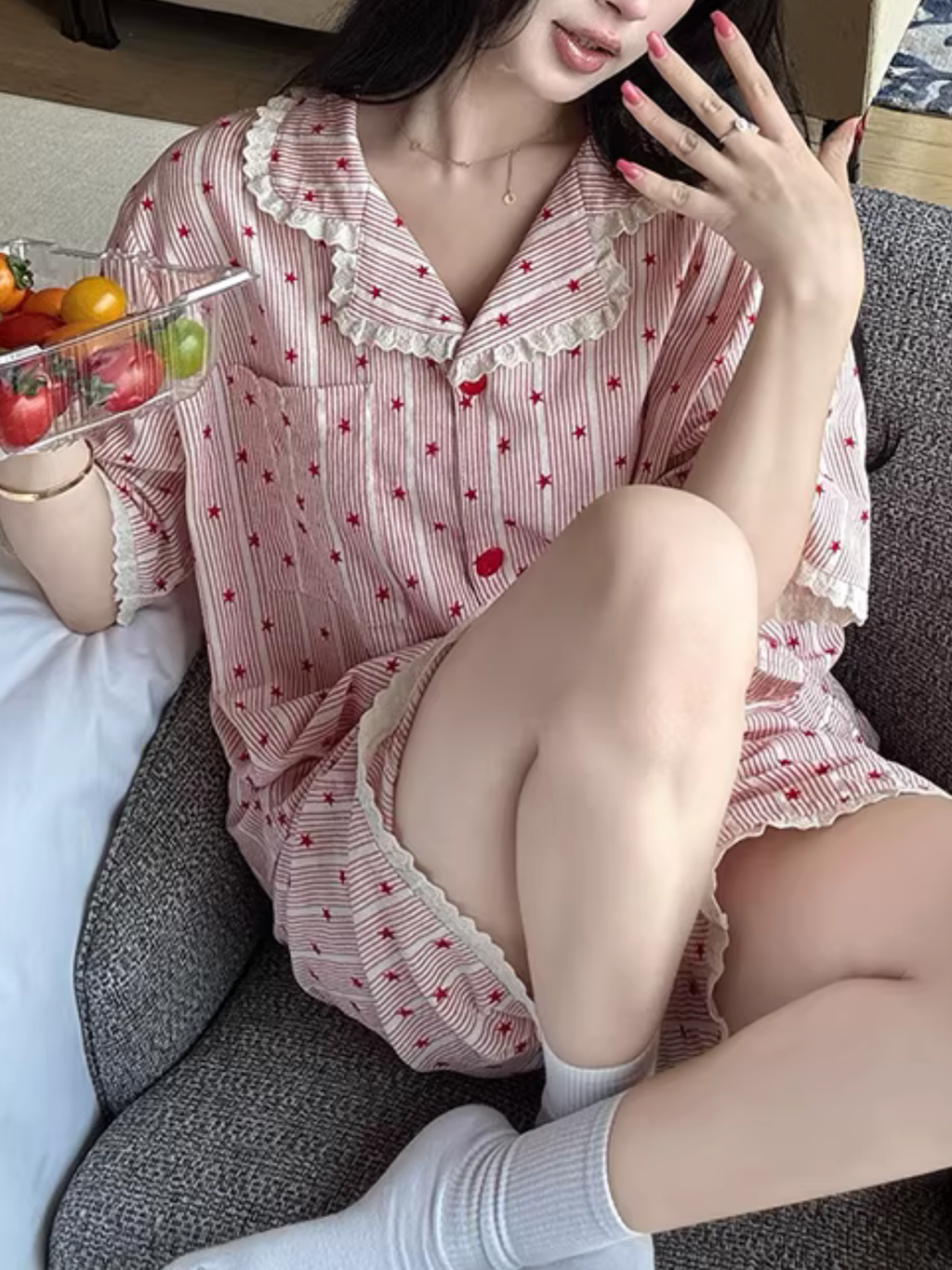 Tatlı Yıldız Desenli Çizgili Kadın Pijama Takımı