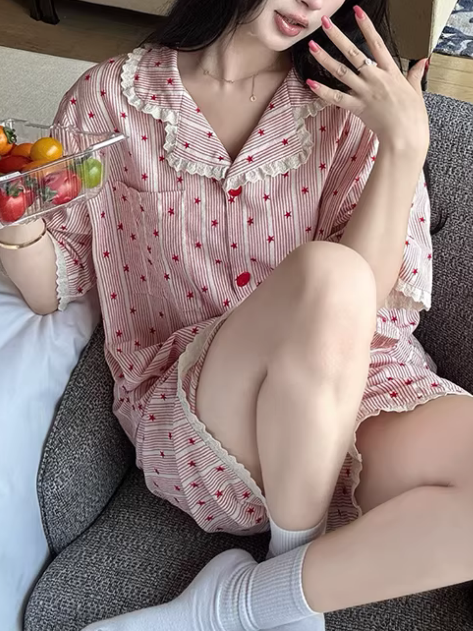 Tatlı Yıldız Desenli Çizgili Kadın Pijama Takımı