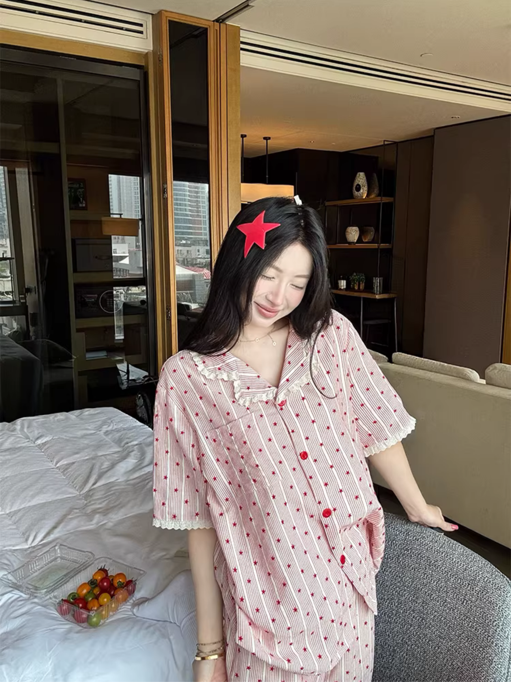 Tatlı Yıldız Desenli Çizgili Kadın Pijama Takımı