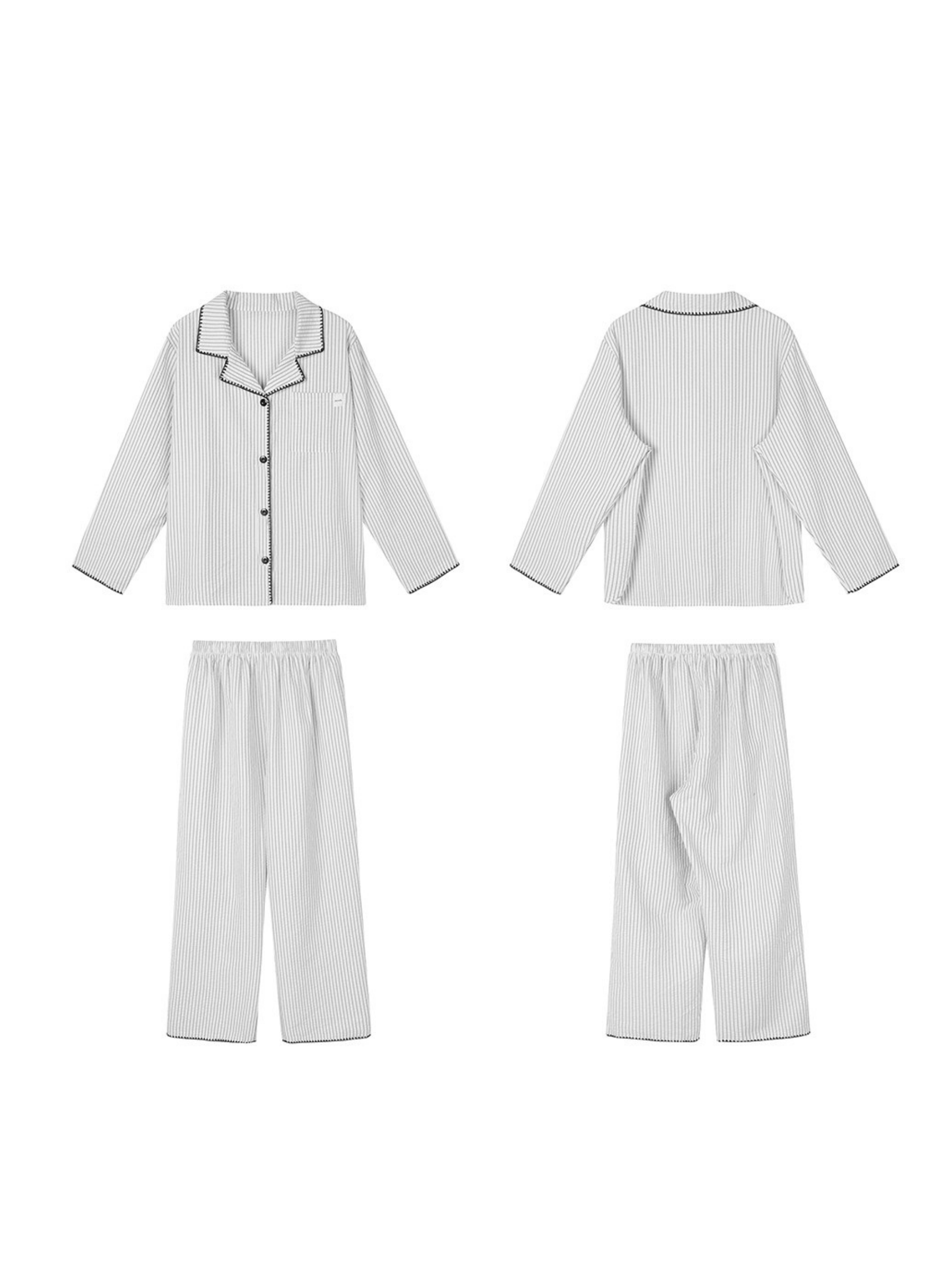 Conjunto de pijama de algodón gris a rayas premium con encaje