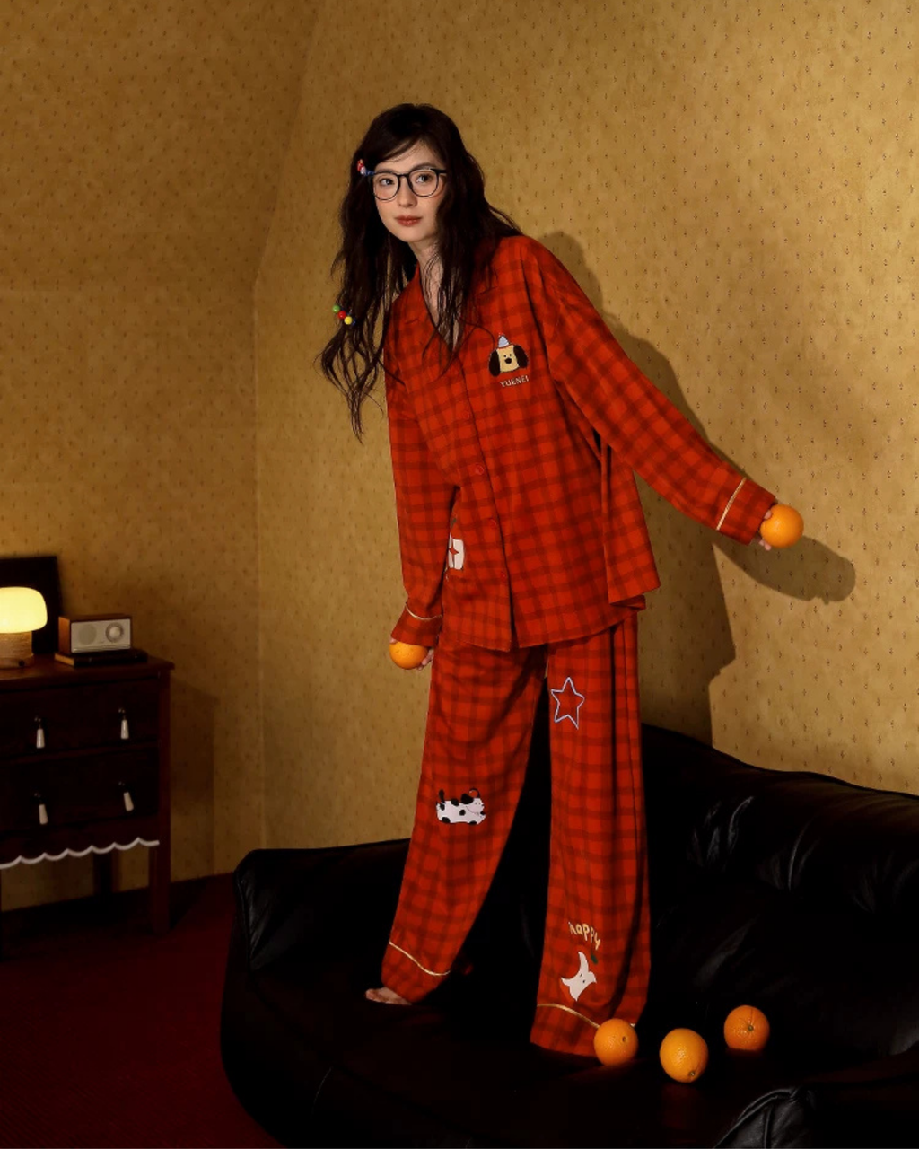 Conjunto de pijama de algodón a cuadros rojos retro