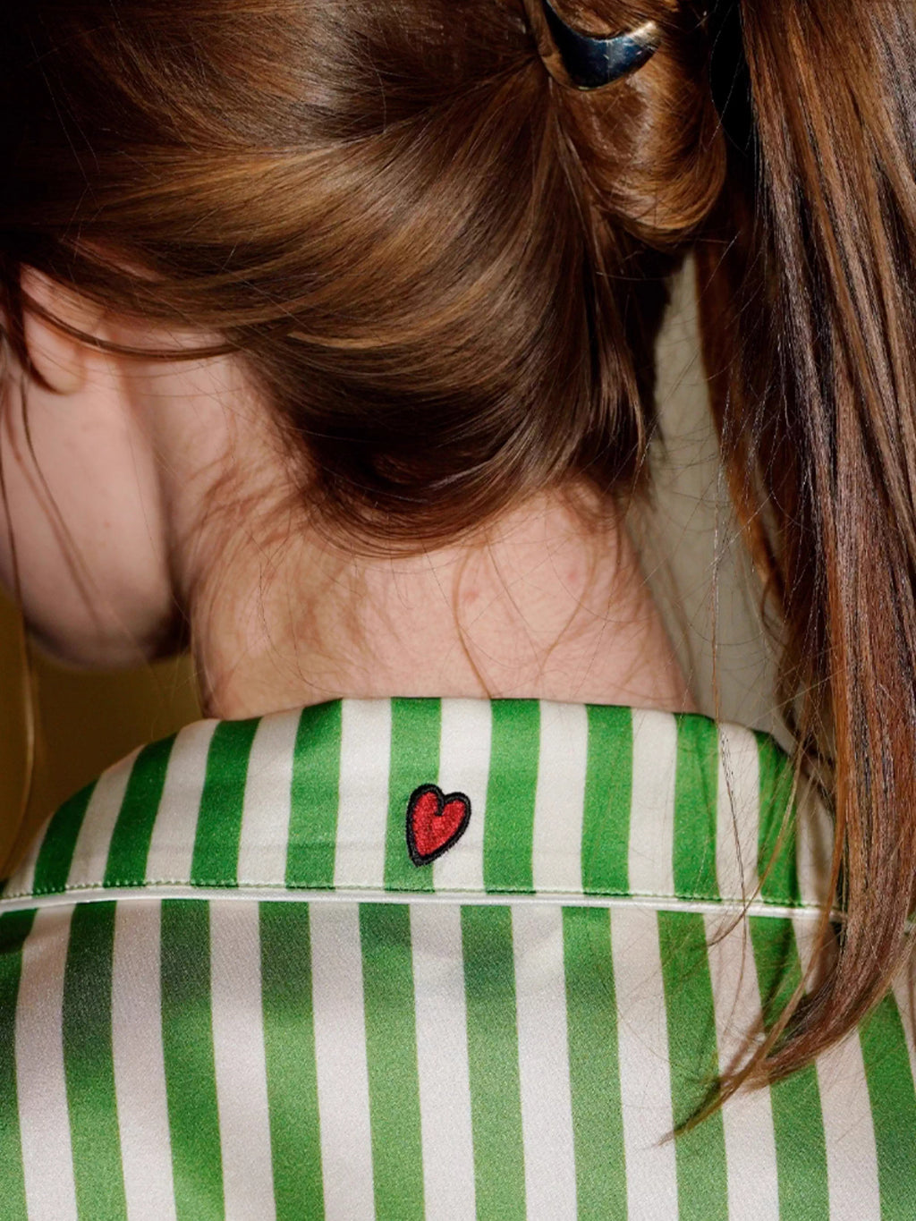 Yeşil %100 İpek Beyaz Çizgili Kısa Pijama Takımı