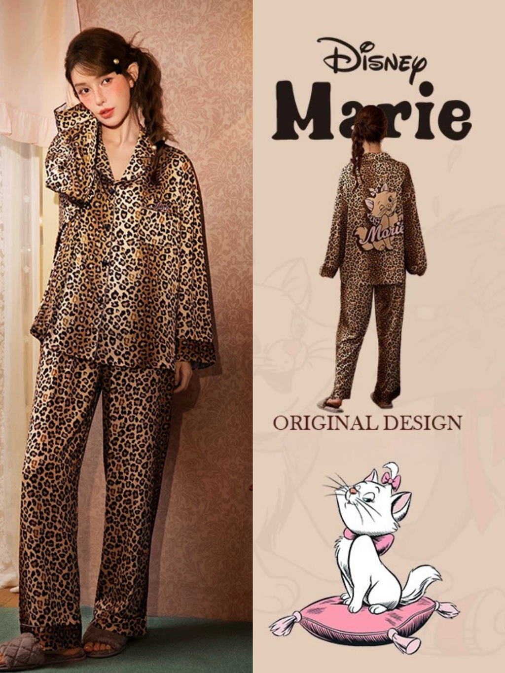 Disney Marie Leopar Desenli Saten Yüzeyli Pijama Takımı