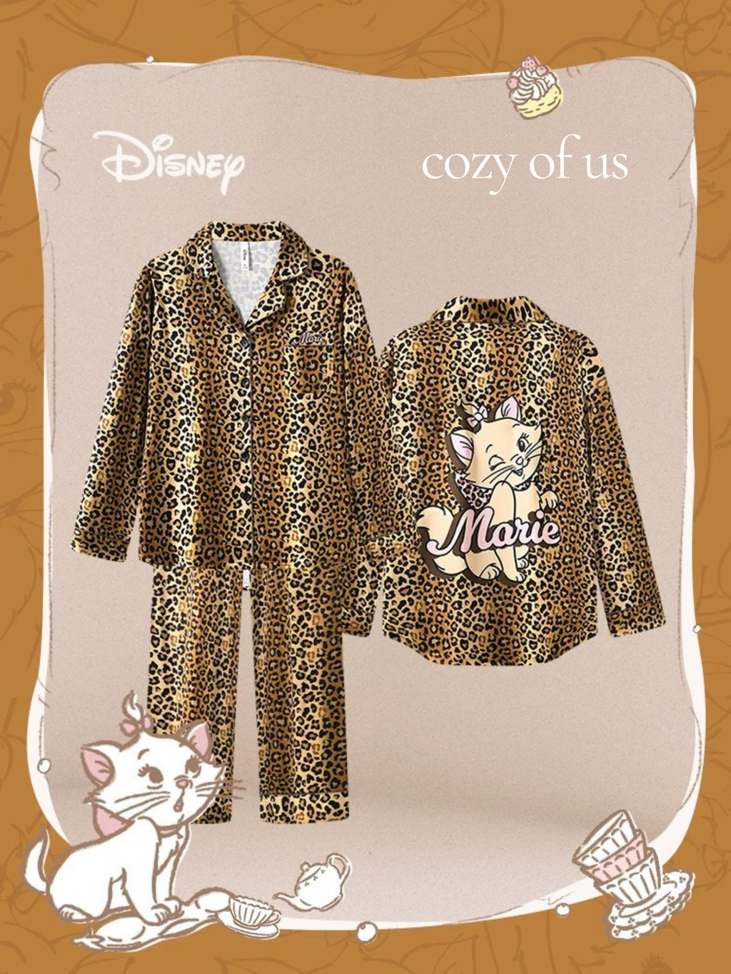 Disney Marie Leopar Desenli Saten Yüzeyli Pijama Takımı