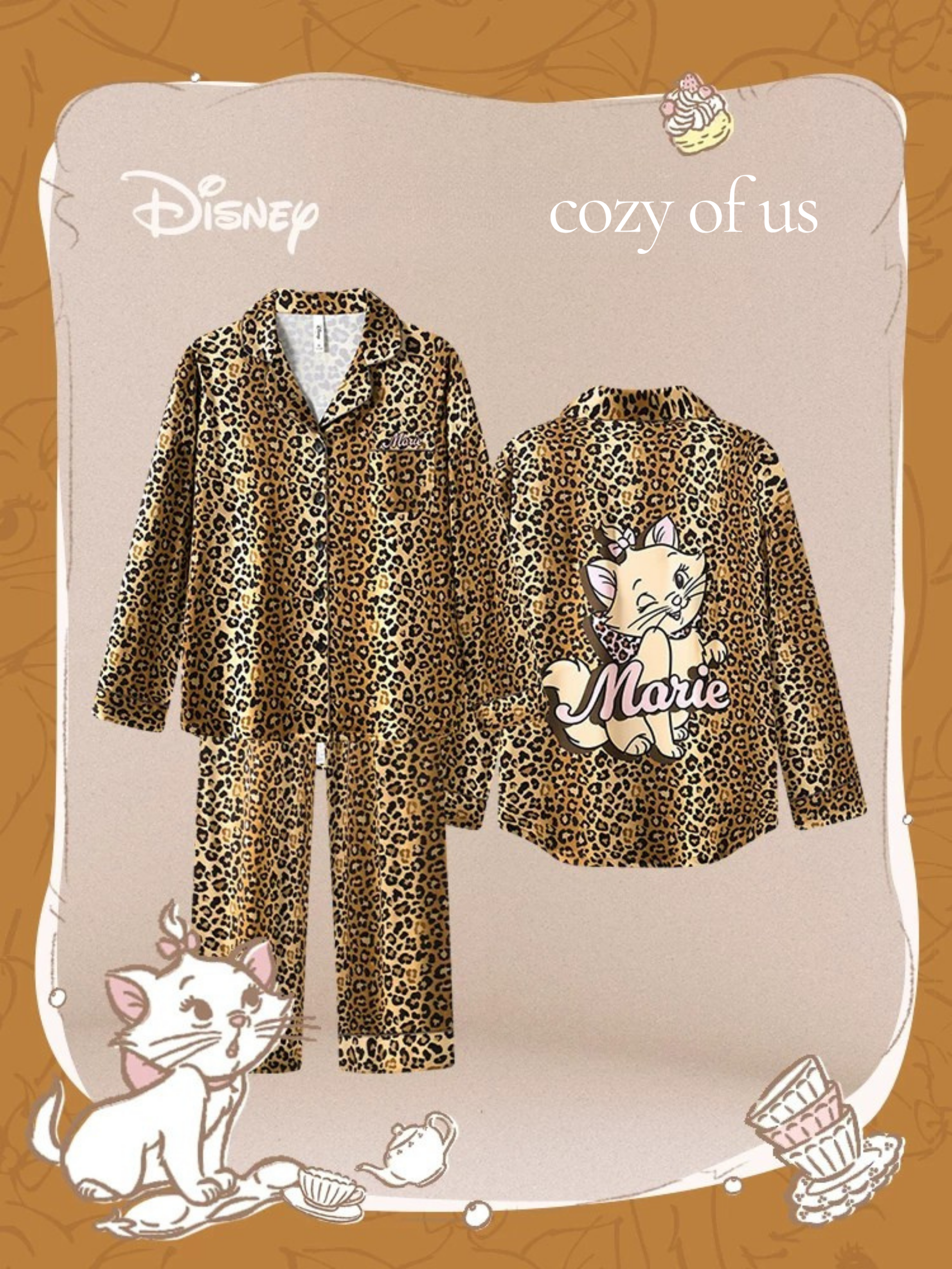 Disney Marie Leopar Desenli Saten Yüzeyli Pijama Takımı