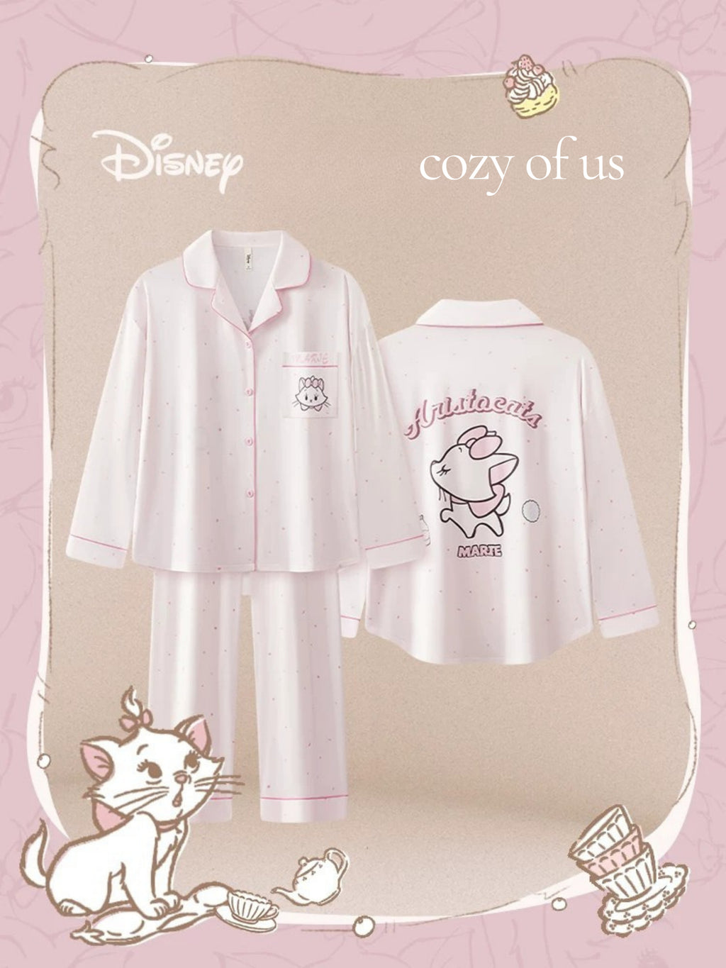 Disney Marie Cat Pudra Saten Pijama Takımı