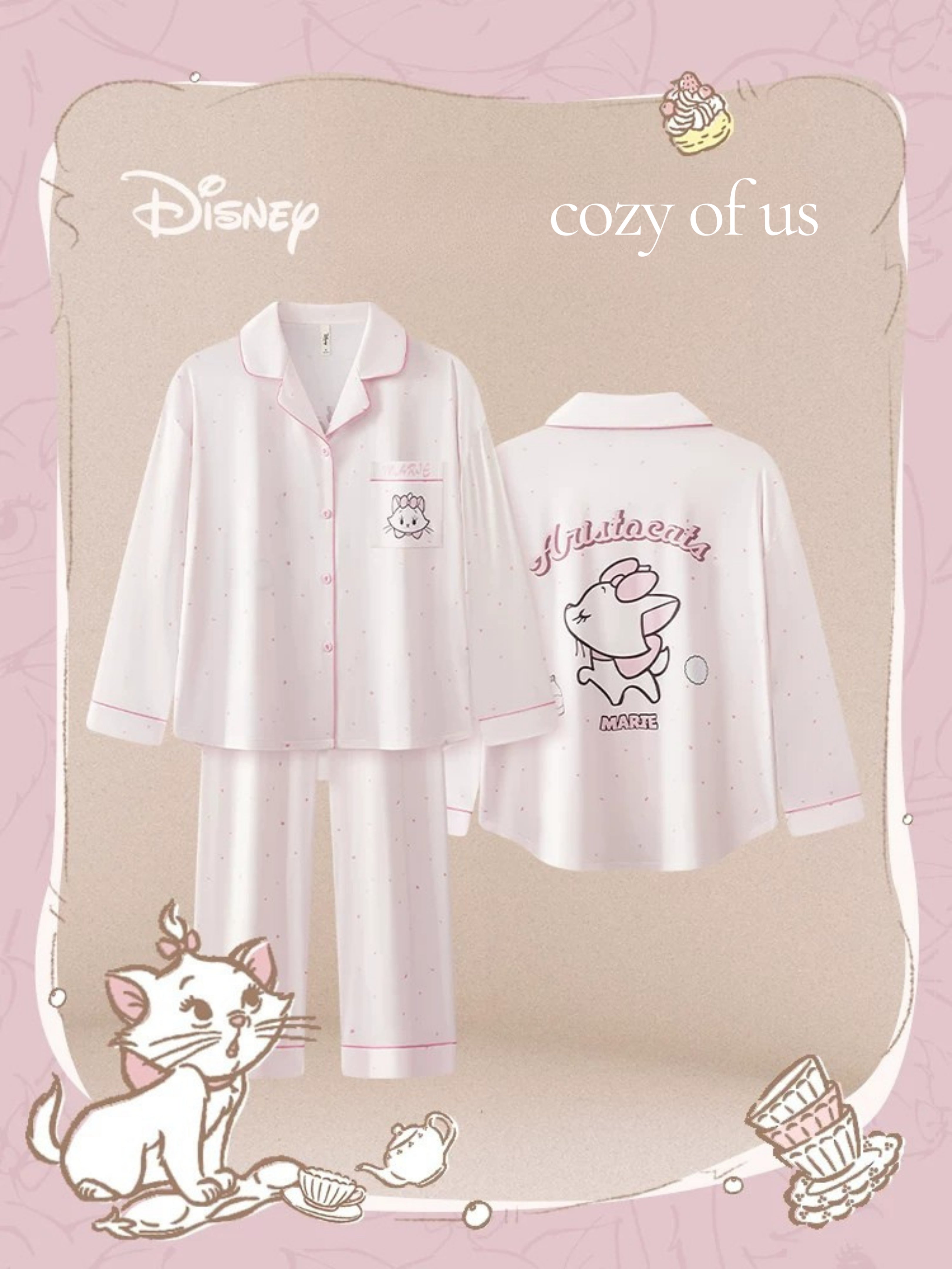Disney Marie Cat Pudra Saten Pijama Takımı
