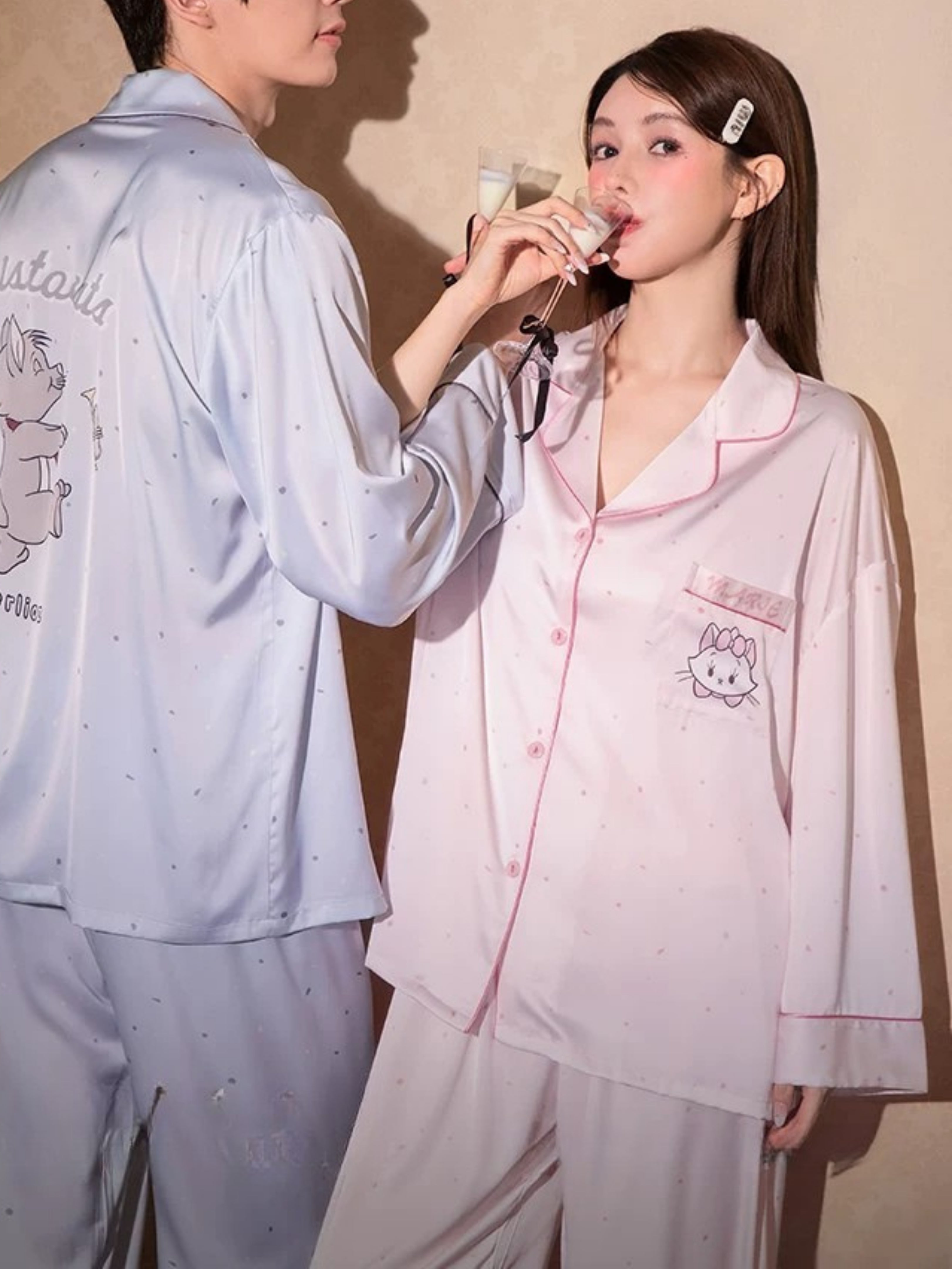 Disney Marie Cat Pudra Saten Pijama Takımı