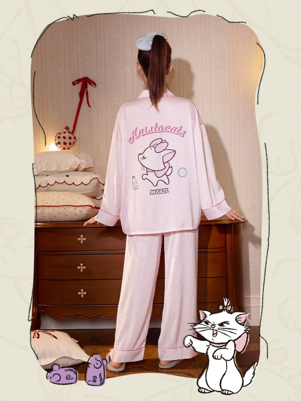 Disney Marie Cat Pudra Saten Pijama Takımı