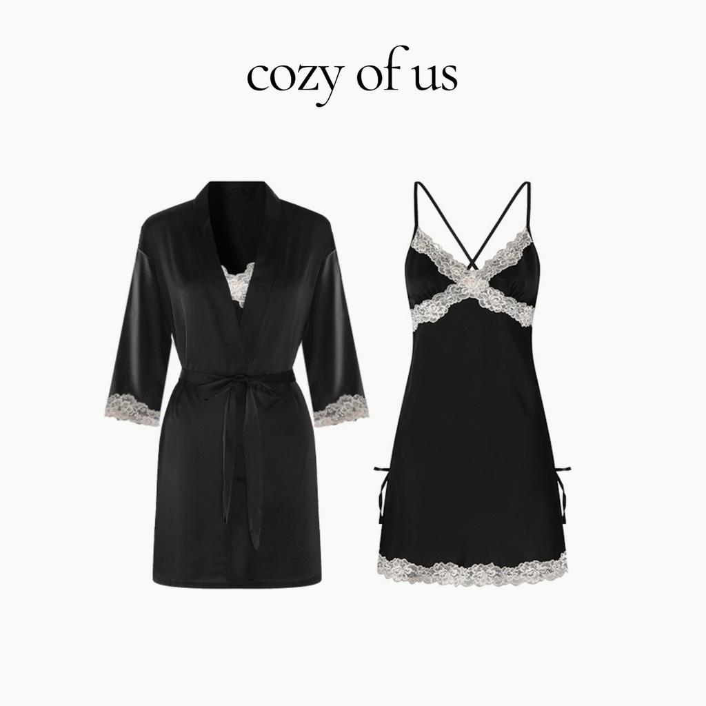 French Style Deep V-Neck Lace Detail Backless Nightgown &amp; Robe Set