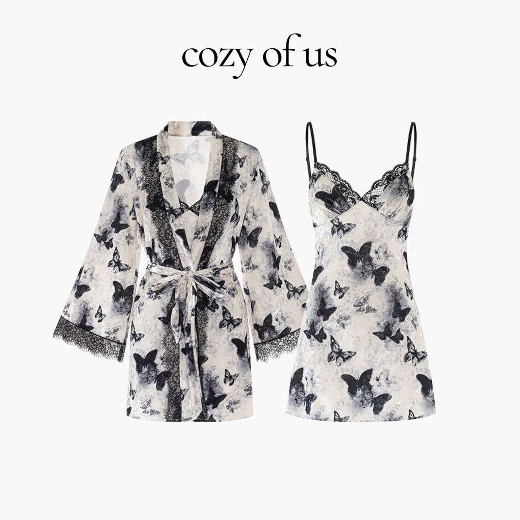 French Style Butterfly Pattern Velvet Lace Detail Women's Nightgown/Robe Set