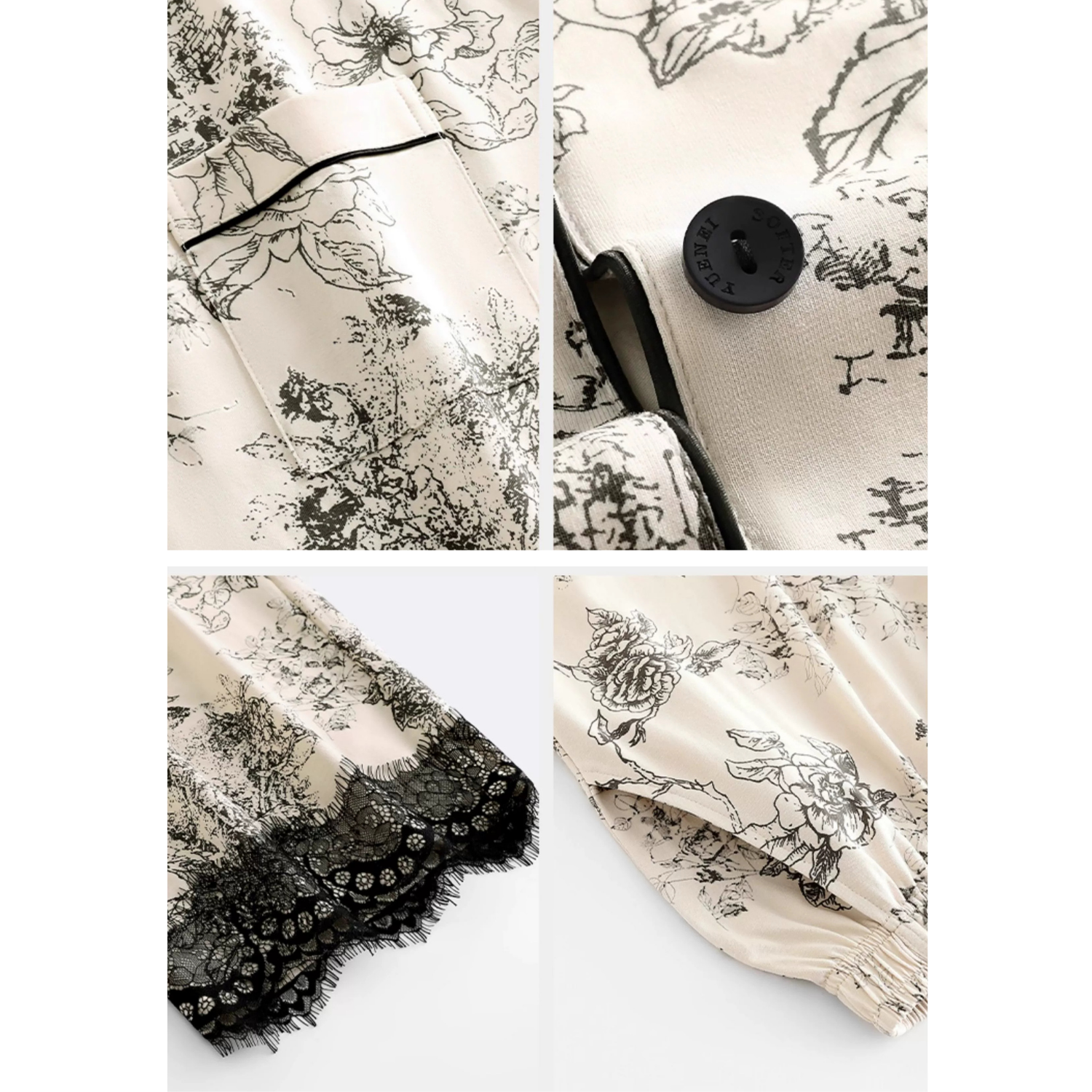 Ekru Dantel Detaylı Vintage Pamuklu Pijama Takımı