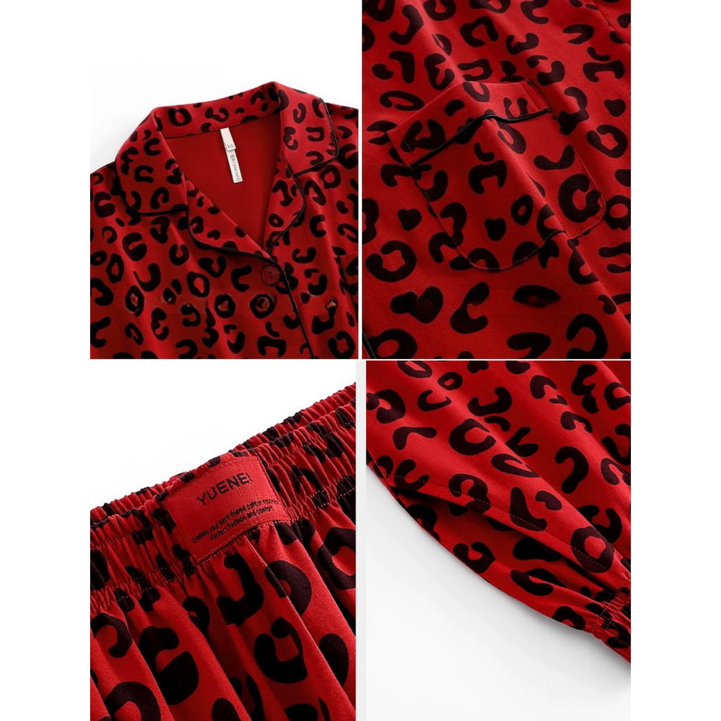 Kırmızı Leopar Desenli Pamuklu Pijama Takımı