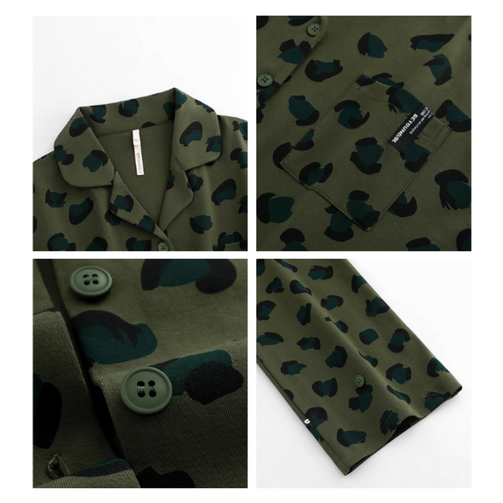 Yeşil Leopar Desenli Pamuklu Pijama Takımı