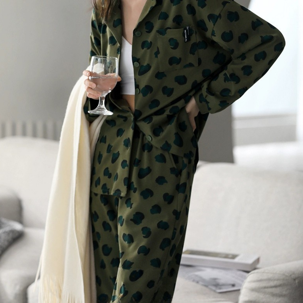 Yeşil Leopar Desenli Pamuklu Pijama Takımı