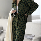 Yeşil Leopar Desenli Pamuklu Pijama Takımı