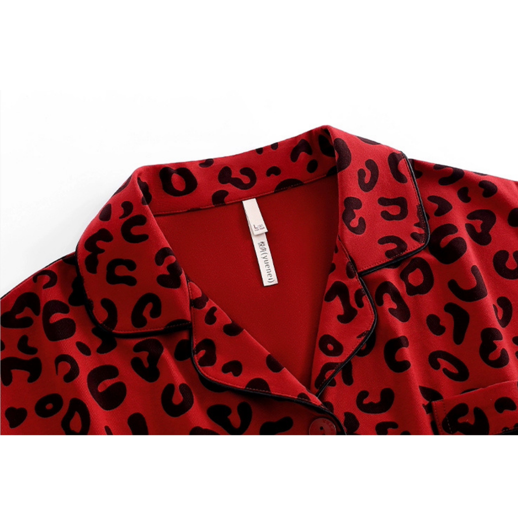 Kırmızı Leopar Desenli Pamuklu Pijama Takımı